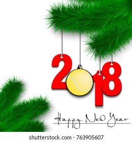Happy New Year and numbers 2018 and tennis ball as a Christmas decorations hanging on a Christmas tree branch on a white background. Vector illustration