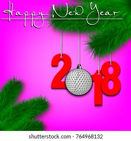 Happy New Year and numbers 2018 and golf ball as a Christmas decorations hanging on a Christmas tree branch. Vector illustration