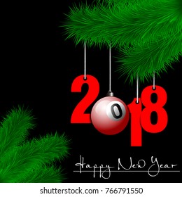Happy New Year and numbers 2018 and billiard ball as a Christmas decorations hanging on a Christmas tree branch on a black background. Vector illustration
