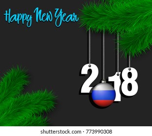 Happy New Year numbers 2018 and christmas ball painted in the colors of the Russia flag hanging on a Christmas tree branch. Vector illustration