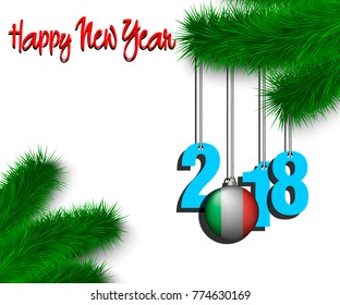 Happy New Year numbers 2018 and christmas ball painted in the colors of the Italy flag hanging on a Christmas tree branch. Vector illustration