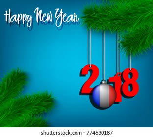 Happy New Year numbers 2018 and christmas ball painted in the colors of the France flag hanging on a Christmas tree branch. Vector illustration