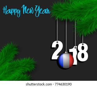 Happy New Year numbers 2018 and christmas ball painted in the colors of the France flag hanging on a Christmas tree branch. Vector illustration