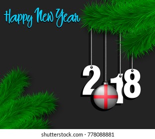 Happy New Year numbers 2018 and christmas ball painted in the colors of the England flag hanging on a Christmas tree branch. Vector illustration