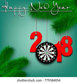 Happy New Year and numbers 2018 and darts board as a Christmas decorations hanging on a Christmas tree branch. Vector illustration