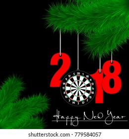 Happy New Year and numbers 2018 and darts board as a Christmas decorations hanging on a Christmas tree branch. Vector illustration