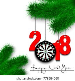 Happy New Year and numbers 2018 and darts board as a Christmas decorations hanging on a Christmas tree branch. Vector illustration