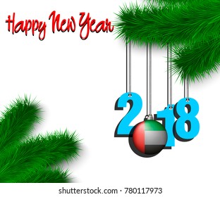 Happy New Year numbers 2018 and christmas ball painted in the colors of the United Arab Emirates flag hanging on a Christmas tree branch. Vector illustration