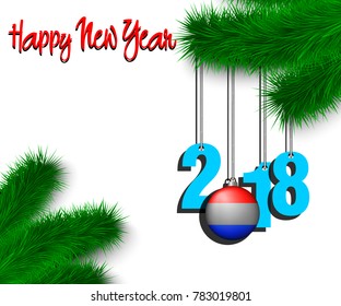 Happy New Year numbers 2018 and christmas ball painted in the colors of the Netherlands flag hanging on a Christmas tree branch. Vector illustration