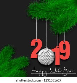 Happy New Year and numbers 2019 and golf ball as a Christmas decorations hanging on a Christmas tree branch. Design pattern for greeting card. Vector illustration