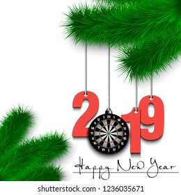 Happy New Year and numbers 2019 and dartboard as a Christmas decorations hanging on a Christmas tree branch. Design pattern for greeting card. Vector illustration