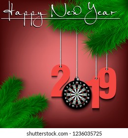 Happy New Year and numbers 2019 and dartboard as a Christmas decorations hanging on a Christmas tree branch. Design pattern for greeting card. Vector illustration
