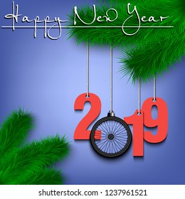 Happy New Year and numbers 2019 and bicycle wheel as a Christmas decorations hanging on a Christmas tree branch. Design pattern for greeting card. Vector illustration