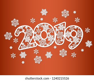 Happy new year numbers 2019 for laser cutting with pattern of snowflakes. Template for new year cards, invitations.