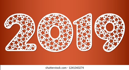 Happy new year numbers 2019 for laser cutting with pattern of stars. Template for new year cards, invitations.
