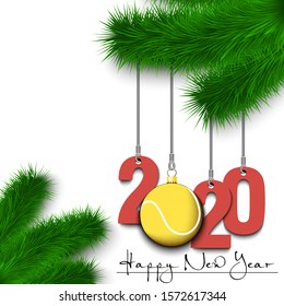 Happy New Year. Numbers 2020 and tennis ball as a Christmas decorations hanging on a Christmas tree branch. Design pattern for greeting card, banner, poster, flyer, invitation. Vector illustration