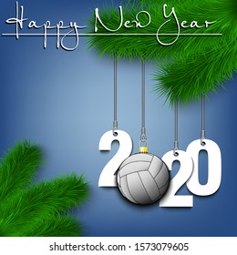 Happy New Year. Numbers 2020 and volleyball ball as a Christmas decorations hanging on a Christmas tree branch. Design pattern for greeting card, banner, poster, flyer, invitation. Vector illustration
