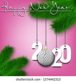 Happy New Year. Numbers 2020 and golf ball as a Christmas decorations hanging on a Christmas tree branch. Design pattern for greeting card, banner, poster, flyer, invitation. Vector illustration