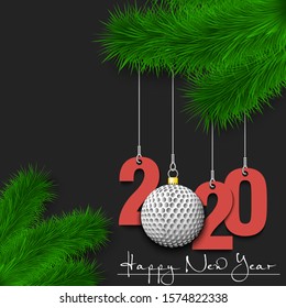 Happy New Year. Numbers 2020 and golf ball as a Christmas decorations hanging on a Christmas tree branch. Design pattern for greeting card, banner, poster, flyer, invitation. Vector illustration