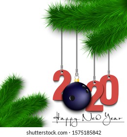 Happy New Year. Numbers 2020 and bowling ball as a Christmas decorations hanging on a Christmas tree branch. Design pattern for greeting card, banner, poster, flyer, invitation. Vector illustration