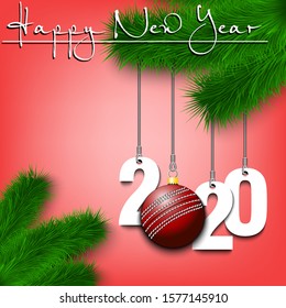 Happy New Year. Numbers 2020 and cricket ball as a Christmas decorations hanging on a Christmas tree branch. Design pattern for greeting card, banner, poster, flyer, invitation. Vector illustration
