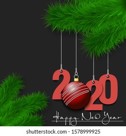 Happy New Year. Numbers 2020 and cricket ball as a Christmas decorations hanging on a Christmas tree branch. Design pattern for greeting card, banner, poster, flyer, invitation. Vector illustration