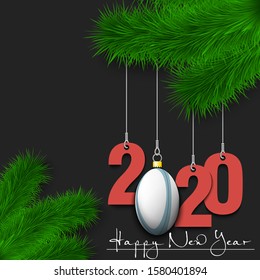 Happy New Year. Numbers 2020 and rugby ball as a Christmas decorations hanging on a Christmas tree branch. Design pattern for greeting card, banner, poster, flyer, invitation. Vector illustration
