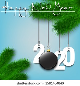 Happy New Year. Numbers 2020 and hockey puck as a Christmas decorations hanging on a Christmas tree branch. Design pattern for greeting card, banner, poster, flyer, invitation. Vector illustration