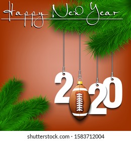 Happy New Year. Numbers 2020 and football ball as a Christmas decorations hanging on a Christmas tree branch. Design pattern for greeting card, banner, poster, flyer, invitation. Vector illustration