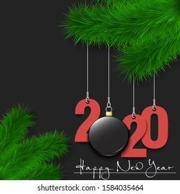 Happy New Year. Numbers 2020 and hockey puck as a Christmas decorations hanging on a Christmas tree branch. Design pattern for greeting card, banner, poster, flyer, invitation. Vector illustration