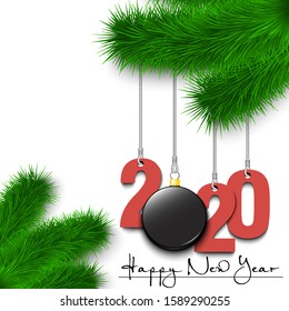 Happy New Year. Numbers 2020 and hockey puck as a Christmas decorations hanging on a Christmas tree branch. Design pattern for greeting card, banner, poster, flyer, invitation. Vector illustration