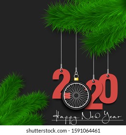 Happy New Year. Numbers 2020 and bicycle wheel as a Christmas decorations hanging on a Christmas tree branch. Design pattern for greeting card, banner, poster, flyer, invitation. Vector illustration