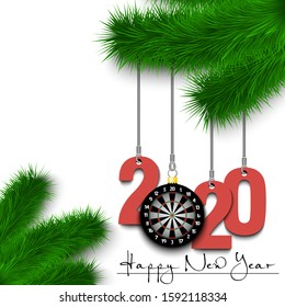Happy New Year. Numbers 2020 and dartboard as a Christmas decorations hanging on a Christmas tree branch. Design pattern for greeting card, banner, poster, flyer, invitation. Vector illustration