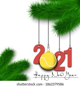 Happy New Year. Numbers 2021 and tennis ball as a Christmas decorations hanging on a Christmas tree branch. Design pattern for greeting card, banner, poster, flyer, invitation. Vector illustration