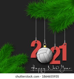 Happy New Year. Numbers 2021 and volleyball ball as a Christmas decorations hanging on a Christmas tree branch. Design pattern for greeting card, banner, poster, flyer, invitation. Vector illustration