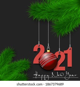 Happy New Year. Numbers 2021 and cricket ball as a Christmas decorations hanging on a Christmas tree branch. Design pattern for greeting card, banner, poster, flyer, invitation. Vector illustration