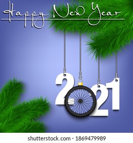 Happy New Year. Numbers 2021 and bicycle wheel as a Christmas decorations hanging on a Christmas tree branch. Design pattern for greeting card, banner, poster, flyer, invitation. Vector illustration