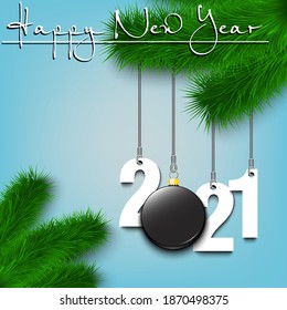 Happy New Year. Numbers 2021 and hockey puck as a Christmas decorations hanging on a Christmas tree branch. Design pattern for greeting card, banner, poster, flyer, invitation. Vector illustration