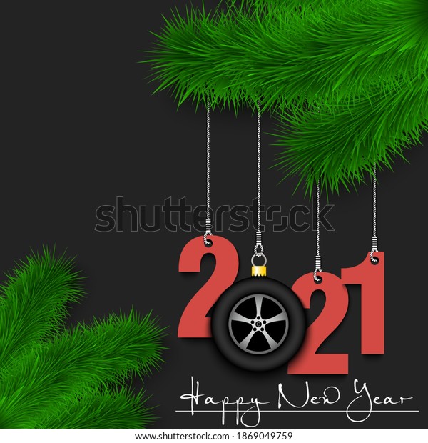 Happy New Year. Numbers 2021 and car wheel\
as a Christmas decorations hanging on a Christmas tree branch.\
Design pattern for greeting card, banner, poster, flyer,\
invitation. Vector\
illustration