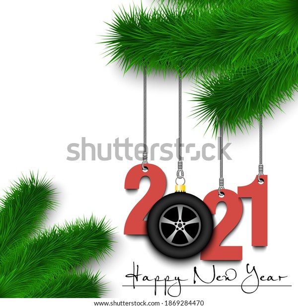 Happy New Year. Numbers 2021 and car wheel\
as a Christmas decorations hanging on a Christmas tree branch.\
Design pattern for greeting card, banner, poster, flyer,\
invitation. Vector\
illustration