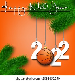 Happy New Year. Numbers 2022 and basketball ball as a Christmas decorations hanging on a Christmas tree branch. Design pattern for greeting card, banner, poster, flyer, invitation. Vector illustration