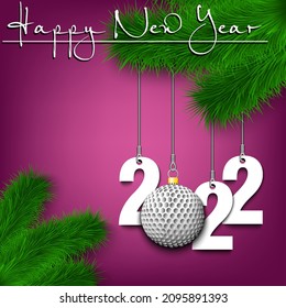 Happy New Year. Numbers 2022 and golf ball as a Christmas decorations hanging on a Christmas tree branch. Design pattern for greeting card, banner, poster, flyer, invitation. Vector illustration