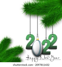 Happy New Year. Numbers 2022 and rugby ball as a Christmas decorations hanging on a Christmas tree branch. Design pattern for greeting card, banner, poster, flyer, invitation. Vector illustration