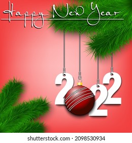 Happy New Year. Numbers 2022 and cricket ball as a Christmas decorations hanging on a Christmas tree branch. Design pattern for greeting card, banner, poster, flyer, invitation. Vector illustration