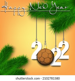 Feliz Año Nuevo. Números 2022 y balonmano como decoración navideña colgando de una rama de árbol de Navidad. Diseño de tarjetas de felicitación, banner, afiche, volante, invitación. Ilustración del vector