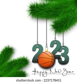 Happy New Year. Numbers 2023 and basketball ball as a Christmas decorations hanging on a Christmas tree branch. Design pattern for greeting card, banner, poster, flyer, invitation. Vector illustration