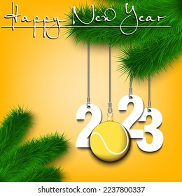 Happy New Year. Numbers 2023 and tennis ball as a Christmas decorations hanging on a Christmas tree branch. Design pattern for greeting card, banner, poster, flyer, invitation. Vector illustration
