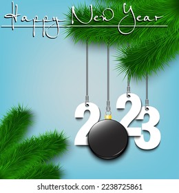 Happy New Year. Numbers 2023 and hockey puck as a Christmas decorations hanging on a Christmas tree branch. Design pattern for greeting card, banner, poster, flyer, invitation. Vector illustration