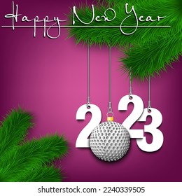 Happy New Year. Numbers 2023 and golf ball as a Christmas decorations hanging on a Christmas tree branch. Design pattern for greeting card, banner, poster, flyer, invitation. Vector illustration