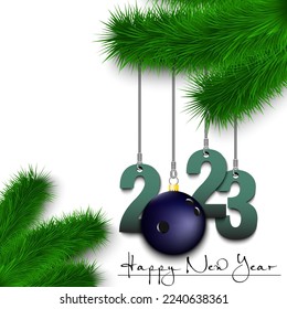 Happy New Year. Numbers 2023 and bowling ball as a Christmas decorations hanging on a Christmas tree branch. Design pattern for greeting card, banner, poster, flyer, invitation. Vector illustration